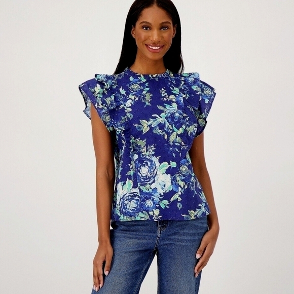 Candace Cameron Bure Tops - CANDACE CAMERON BURE Blue Printed Eyelet Top with Ruffle Detail